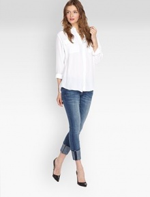 Every wardrobe needs one, perfect in silk with long shirttail hem that looks great tucked or not.Point collar Button front Two flap chest pockets Long sleeves with button cuffs Back yoke and box pleat Shirttail hem About 27 from shoulder to hem Silk Dry clean Imported Every wardrobe needs one, perfect in silk with long shirttail hem that looks great tucked or not.Point collar Button front Two flap chest pockets Long sleeves with button cuffs Back yoke and box pleat Shirttail hem About 27 from shoulder to hem Silk Dry clean Imported