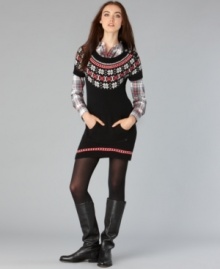 Fair Isle knit and a cozy tunic length make this Tommy Hilfiger sweater dress a must-have layering piece! Pair it with leggings and boots for crisp-weather style.