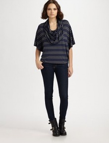 Super-soft cowlneck in allover tonal stripes with a hi-low hem and hint of stretch. Cowlneck Short dolman sleeves Hi-low hem 96% rayon/4% spandex Hand wash Made in USA Super-soft cowlneck in allover tonal stripes with a hi-low hem and hint of stretch. Cowlneck Short dolman sleeves Hi-low hem 96% rayon/4% spandex Hand wash Made in USA