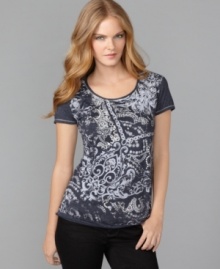 Make a statement effortlessly in this printed tee from Tommy Hilfiger! Scrolling designs and sequin embellishment add romance to this easy basic. (Clearance) Make a statement effortlessly in this printed tee from Tommy Hilfiger! Scrolling designs and sequin embellishment add romance to this easy basic. (Clearance)