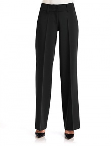 THE LOOKWide waistband with belt loops and dual button closure Front zipper Back button flap pockets Wide leg silhouetteTHE FITRise, about 10 Inseam, about 33THE MATERIAL90% polyester/10% polyurethaneCARE & ORIGINDry clean Imported THE LOOKWide waistband with belt loops and dual button closure Front zipper Back button flap pockets Wide leg silhouetteTHE FITRise, about 10 Inseam, about 33THE MATERIAL90% polyester/10% polyurethaneCARE & ORIGINDry clean Imported
