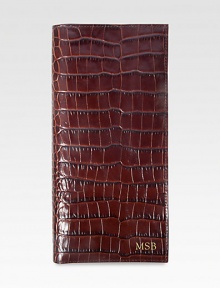 Personalized Ticket Holder Wallet A multifunction travel wallet that is tall enough to hold tickets, boarding passes or currency. Passport and credit card slots are provided, as well as an outside zipper pocket for quick one handed access while traveling.4.5 X 9.25CalfskinMade in USAFOR PERSONALIZATIONSelect a color and quantity, then scroll down and click on PERSONALIZE & ADD TO BAG to choose and preview your monogramming options. Please allow 1 week for delivery. Personalized Ticket Holder Wallet A multifunction travel wallet that is tall enough to hold tickets, boarding passes or currency. Passport and credit card slots are provided, as well as an outside zipper pocket for quick one handed access while traveling.4.5 X 9.25CalfskinMade in USAFOR PERSONALIZATIONSelect a color and quantity, then scroll down and click on PERSONALIZE & ADD TO BAG to choose and preview your monogramming options. Please allow 1 week for delivery.