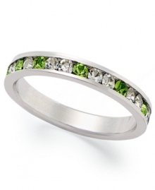 Traditions beautiful stacking ring is perfect when paired with other slim rings, but makes a pretty sparkling statement all its own. Crafted in sterling silver, a thin band features a round-cut gradation of green and clear crystals with Swarovski elements. Size 5-10.