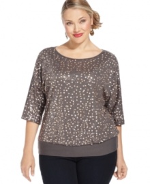 Arrive in style with Elementz' three-quarter-sleeve plus size top, showcasing a sequined front!