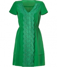 Lend a vintage edge to your workweek looks with Marc by Marc Jacobs sweet lace detailed silk dress - V-neckline, short sleeves, tonal lace front panel, elasticized waistline - Loosely tailored fit - Wear with flats and fun chunky jewelry