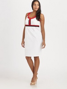 A striking combination of colors and intricate stitching creates the requisite sheath with Princess seams for a figure-flattering effect.Round neckSleevelessContrast detailsEmpire waistPrincess seamsSide zipperBack ventAbout 24 from natural waist62% cotton/33% nylon/5% spandexDry cleanMade in Italy