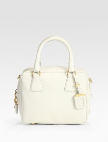 A structured bag, in Saffiano calfskin and finished with goldtone hardware.Double top handles, 6 drop Adjustable shoulder strap, 15½-19½ drop Top zip closure Protective metal feet One inside zip pocket Jacquard lining 10W X 9½H X 5D Made in Italy A structured bag, in Saffiano calfskin and finished with goldtone hardware.Double top handles, 6 drop Adjustable shoulder strap, 15½-19½ drop Top zip closure Protective metal feet One inside zip pocket Jacquard lining 10W X 9½H X 5D Made in Italy