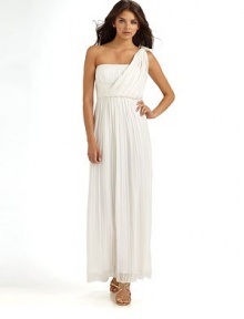 THE LOOKTonal stripe crinkled chiffon overlay Draped panel at one shoulder Strapless neckline Boned bodice Pintucked waistbandSide zipper with hook-and-eyeTHE FITAbout 59 from shoulder to hemTHE MATERIALSilkFully linedCARE & ORIGINDry clean Imported