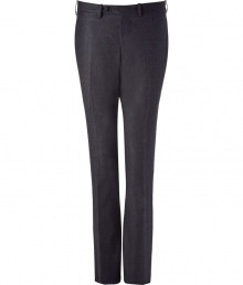 Elegant charcoal pants in a fine wool stretch blend - Streamlined, slim fit - Belt loops and button tab closure - Pocket at rear - Crease detail - A stylish alternative to jeans or chinos - Pair with a button down or cashmere pullover and oxfords