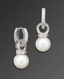 Evening elegance meets office chic. These versatile earrings by CRISLU highlight a polished freshwater pearl drop (8 mm) in a platinum over sterling silver hoop setting decorated with dozens of round-cut cubic zirconias (1 ct. t.w.). Approximate drop: 1 inch.