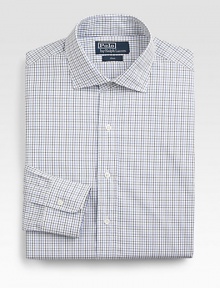 A trim, modern fit from ultra-silky 120s-quality two-ply cotton poplin yarns in a checked design for polished refinement. Buttonfront Moderate spread collar Embroidered logo detail Cotton Machine wash Imported A trim, modern fit from ultra-silky 120s-quality two-ply cotton poplin yarns in a checked design for polished refinement. Buttonfront Moderate spread collar Embroidered logo detail Cotton Machine wash Imported