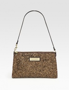 Make it an evening with this dazzling zip-top bag of glitter-encrusted cotton.Detachable chain shoulder strap, 8½ dropTop zip closureOne inside open pocketFully lined9W X 6H X 1½DMade in Italy Make it an evening with this dazzling zip-top bag of glitter-encrusted cotton.Detachable chain shoulder strap, 8½ dropTop zip closureOne inside open pocketFully lined9W X 6H X 1½DMade in Italy