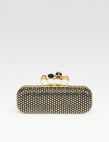 Multi-tone studs highlight this sleek leather bag topped with a jeweled knuckle duster.Top clasp closureLeather lining10W X 4H X 1½DMade in Italy
