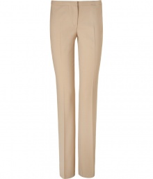 Luxe trousers in fine, beige virgin wool stretch blend - Slim, streamlined silhouette - Crease detail from thigh to hem flatters and elongates the leg - Gently flared boot cut - Single welt button pockets at rear - Medium-low rise, with zip fly and tab closure - Perfect for work and play - Style with a blazer and silk blouse by day, and dress up with a sequin top and cropped leather jacket at night