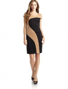 THE LOOKScoopneckTwo-tone swirly colorblock designCap sleevesSide zipper with hook-and-eye closureTHE FITAbout 35 from shoulder to hemTHE MATERIALPolyester/spandexContrast: polyester/rayon/spandexFully linedCARE & ORIGINDry cleanImportedModel shown is 5'9 (175cm) wearing US size 4. THE LOOKScoopneckTwo-tone swirly colorblock designCap sleevesSide zipper with hook-and-eye closureTHE FITAbout 35 from shoulder to hemTHE MATERIALPolyester/spandexContrast: polyester/rayon/spandexFully linedCARE & ORIGINDry cleanImportedModel shown is 5'9 (175cm) wearing US size 4.