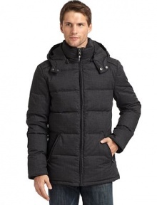 THE LOOKStand collarRemovable hood with snap throat tabZip frontZip slash pocketsKnit storm cuffsElbow patch detailTHE FITAbout 27 from shoulder to hemTHE MATERIALShell: 90% polyester/10% woolFill: 80/20 duck downFully linedCARE & ORIGINDry clean Imported