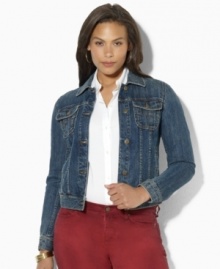 Forever classic and always chic, Lauren Jeans Co.'s soft plus size jean jacket is rendered in washed denim for a timeworn look and feel.