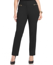 Snag sleek career style with Alfani's skinny leg plus size pants, accented by zip pockets.