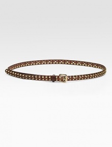 THE LOOKA slim strap with rows of round and squared shiny studs Polished rectangular buckleTHE FIT½WTHE MATERIALLeatherORIGINImported THE LOOKA slim strap with rows of round and squared shiny studs Polished rectangular buckleTHE FIT½WTHE MATERIALLeatherORIGINImported