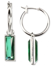 Get the drop on the latest fashions. These hoop earrings from Nine West are upgraded with a baguette-cut plastic erinite stone pendant. Crafted in imitation rhodium mixed metal. Approximate drop: 7/10 inch. Approximate diameter: 3/5 inch.