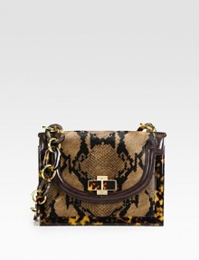 A beautiful blend of luxurious, python print calf hair, smooth leather and glossy resin in a petite and chic design.Resin and metal chain shoulder strap, 10½ dropMagnetic snap flap closureOne inside zip pocketFully lined8¾W X 7H X 3DImported