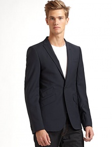 THE LOOKPeaked lapel with button opening One-button front Long sleeves with four button cuffs Single welt pocket at chest Three flap pockets at front Single vent at backTHE MATERIALVirgin wool Cupro liningCARE & ORIGINDry clean Imported THE LOOKPeaked lapel with button opening One-button front Long sleeves with four button cuffs Single welt pocket at chest Three flap pockets at front Single vent at backTHE MATERIALVirgin wool Cupro liningCARE & ORIGINDry clean Imported