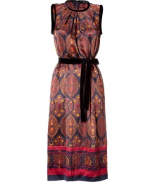 Luxurious dress in fine, multicolored silk - Multi-colored wonderland print in brown, blue and yellow - Especially soft, flattering quality - The cut is casual and crazy comfortable - Slim top with a feminine round neckline, sleeveless - Figure-flattering belted waist - The skirt is A-line and calf-length, springing up in loose folds - A classy, feel-good dress for all chic occasions - Wear with wedges, toe sandals, ballerinas