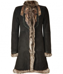 Take a worldly stance on elegance this season in Etros exquisitely luxurious dark chocolate lambskin coat, detailed with tonal fur lining and ultra modern characteristic printed leather patchworking for unique results tailored to multi-season sophistication - Short stand-up fur collar, long sleeves, fur cuffs, front hook-and-bar closures, side slit pockets, patchworked seaming, tailored fit - Pair with bright trousers and slipper-style loafers Take a worldly stance on elegance this season in Etros exquisitely luxurious dark chocolate lambskin coat, detailed with tonal fur lining and ultra modern characteristic printed leather patchworking for unique results tailored to multi-season sophistication - Short stand-up fur collar, long sleeves, fur cuffs, front hook-and-bar closures, side slit pockets, patchworked seaming, tailored fit - Pair with bright trousers and slipper-style loafers