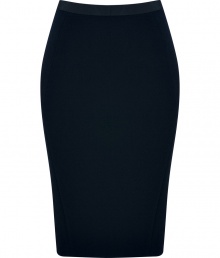 An exquisite choice for business to cocktails looks, Donna Karans stretch wool pencil skirt cuts a flattering feminine figure no matter how you wear it - Black elasticized grosgrain waistband, contoured seaming, hidden back zip, kick pleat - Form-fitting - Team with feminine tops and standout statement accessories