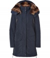 Whether youre hitting the city or the slopes this season, Parajumperss navy down parka is a sporty-luxe cold-weather essential - Full hidden front zip with snaps at top and bottom, faux fur trim and hood lining, two vertical flap pockets at chest, two oversized flap pockets at hips, side zips at hemline, drawstring waistline and hemline - Slim cut style hits mid-thigh - Fashionable and functional, a stylish must for all casual winter looks