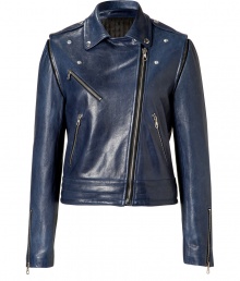 Luxe in lambskin with a contemporary navy hue, Theorys leather motorcycle jacket counts as a must for edgy spring looks - Snapped notched collar, off-center zipper, long sleeves, zippered cuffs, zippered slash pockets, laced sides, zip-away sleeves - Close, cropped fit - Wear over everything from tees and jeans to sheath dresses and heels Luxe in lambskin with a contemporary navy hue, Theorys leather motorcycle jacket counts as a must for edgy spring looks - Snapped notched collar, off-center zipper, long sleeves, zippered cuffs, zippered slash pockets, laced sides, zip-away sleeves - Close, cropped fit - Wear over everything from tees and jeans to sheath dresses and heels