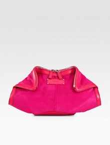 A bright style in luxurious haircalf accented with matching leather trim in a chic fold-down design.Top zip closureOne inside zip pocketCotton lining15½W X 9½H X 2DMade in Italy A bright style in luxurious haircalf accented with matching leather trim in a chic fold-down design.Top zip closureOne inside zip pocketCotton lining15½W X 9½H X 2DMade in Italy