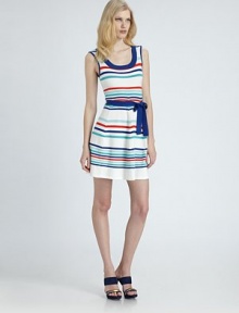 Sporty stripes and a soft waist sash define this soft knit design.Banded scoopneckSleevelessSelf waist sashAbout 20 from natural waist78% rayon/22% nylonDry cleanImportedModel shown is 5'10 (177cm) wearing US size Small. Sporty stripes and a soft waist sash define this soft knit design.Banded scoopneckSleevelessSelf waist sashAbout 20 from natural waist78% rayon/22% nylonDry cleanImportedModel shown is 5'10 (177cm) wearing US size Small.