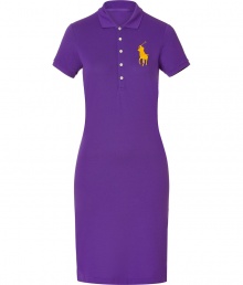 Stylish dress in fine deep purple cotton stretch - A casual classic from cult label Polo Ralph Lauren - Traditional, button down polo style with small collar and short sleeves - Oversize decorative embroidered logo at chest - Slim skirt hits just above the knees - Fitted cut creates a particularly flattering silhouette - A sporty-chic go-to in any wardrobe ideal for work and play - Pair with a cropped cardigan and strappy sandals, or layer with a blazer and style with ballet flats