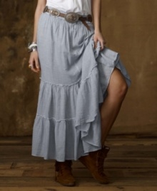 Bohemian chic reaches new lengths in Denim & Supply Ralph Lauren's tiered maxi skirt, designed with a floor-sweeping silhouette that embodies effortless style. Bohemian chic reaches new lengths in Denim & Supply Ralph Lauren's tiered maxi skirt, designed with a floor-sweeping silhouette that embodies effortless style.