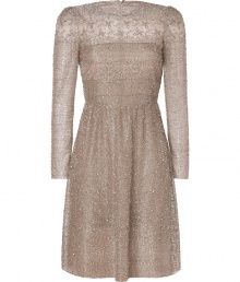 The epitome of ladylike luxe, this sequin frock from Valentino is full of shimmer and romantic appeal - Round neck, long puff sleeves, embellished shoulders, cut-away panel with floral beading at bust with lace detail, fitted bodice, full skirt, all-over sequin and beaded embellishment, concealed back zip closure - Wear with lavish satin platform pumps and an opulent clutch