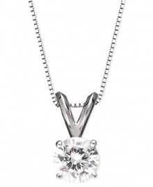 Simply stunning. A round-cut solitaire diamond (3/4 ct. t.w.) always makes a statement. Setting and chain crafted in 14k white gold. Approximate length: 18 inches. Approximate drop: 1/2 inch. Simply stunning. A round-cut solitaire diamond (3/4 ct. t.w.) always makes a statement. Setting and chain crafted in 14k white gold. Approximate length: 18 inches. Approximate drop: 1/2 inch.