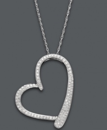 Asymmetrically stylish. This trendy heart-shaped pendant shines with the addition of sparkling round-cut diamonds (1/2 ct. t.w.). Setting and chain crafted in 14k white gold. Approximate length: 18 inches. Approximate drop: 1-1/4 inches. Asymmetrically stylish. This trendy heart-shaped pendant shines with the addition of sparkling round-cut diamonds (1/2 ct. t.w.). Setting and chain crafted in 14k white gold. Approximate length: 18 inches. Approximate drop: 1-1/4 inches.
