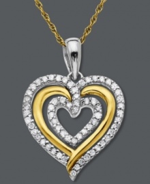 Lovely luster. This adorable heart pendant features rows of round-cut diamonds (1/5 ct. t.w.) in a polished sterling silver and 14k gold setting. Approximate length: 18 inches. Approximate drop: 1/2 inch. Lovely luster. This adorable heart pendant features rows of round-cut diamonds (1/5 ct. t.w.) in a polished sterling silver and 14k gold setting. Approximate length: 18 inches. Approximate drop: 1/2 inch.