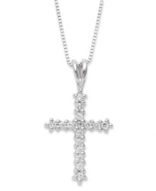 A simple cross makes the perfect gift for a wedding or confirmation. Pendant is crafted in 14k white gold while round-cut diamonds (1/4 ct. t.w.) cover the surface. Approximate length: 18 inches. Approximate drop: 7/8 inch. A simple cross makes the perfect gift for a wedding or confirmation. Pendant is crafted in 14k white gold while round-cut diamonds (1/4 ct. t.w.) cover the surface. Approximate length: 18 inches. Approximate drop: 7/8 inch.