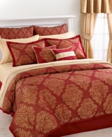 Give your bedroom the royal treatment with this St. Charles comforter sets, featuring an opulent flourish pattern in a rich red and gold color scheme. This comprehensive set comes with all the components you need to redo your room in lavish style, including a sheet set with a gold diamond design along the hem to tie the look together. Give your bedroom the royal treatment with this St. Charles comforter sets, featuring an opulent flourish pattern in a rich red and gold color scheme. This comprehensive set comes with all the components you need to redo your room in lavish style, including a sheet set with a gold diamond design along the hem to tie the look together.