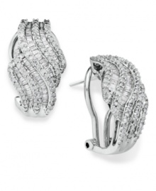 Subtly sparkling and precisely detailed, these elegant earrings are boldly dramatic yet timeless. Crafted in sterling silver with round and baguette-cut diamonds (1 ct. t.w.). Approximate diameter: 1/2 inch. Subtly sparkling and precisely detailed, these elegant earrings are boldly dramatic yet timeless. Crafted in sterling silver with round and baguette-cut diamonds (1 ct. t.w.). Approximate diameter: 1/2 inch.