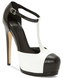 The sexy t-strap silhouette of Truth or Dare by Madonna's Feline platform pumps is enhanced by the contrasting black and white straps and cap toe.