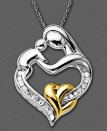 A heartwarming diamond necklace with beautifully crafted figures of a mother and baby linked in a heart. The perfect gift for the new mother. In 14k gold and sterling silver with round-cut diamonds (1/10 ct. t.w.). Chain measures approximately 18 inches long with a 1-inch drop. A heartwarming diamond necklace with beautifully crafted figures of a mother and baby linked in a heart. The perfect gift for the new mother. In 14k gold and sterling silver with round-cut diamonds (1/10 ct. t.w.). Chain measures approximately 18 inches long with a 1-inch drop.