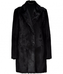 Ultra-luxurious formal coat of fine, black goat hair in classic Jil Sander timelessness - Features a narrow silhouette with a double button row, moderately deep lapel, comfortable thigh length and long sleeves - Versatile coat is perfect for business with a pants suit, pencil skirt or even to dress up jeans Ultra-luxurious formal coat of fine, black goat hair in classic Jil Sander timelessness - Features a narrow silhouette with a double button row, moderately deep lapel, comfortable thigh length and long sleeves - Versatile coat is perfect for business with a pants suit, pencil skirt or even to dress up jeans