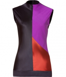 Luxurious top of finely patterned black silk stretch - Fashionable color blocking look - Mix of sophisticated and sexy - Fitted, slightly longer silhouette, with a small stand collar, sleeveless - A classy evening top that pairs with leather pants, a pencil skirt, tuxedo pants