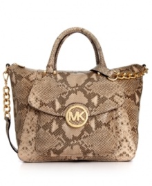 Show some skin with this python-embossed leather satchel from MICHAEL Michael Kors that lends an exotic look to any outfit. Signature 18K gold hardware and chain-link detailing adorn the outside, while the pocket-lined interior stashes your essentials with ease. Show some skin with this python-embossed leather satchel from MICHAEL Michael Kors that lends an exotic look to any outfit. Signature 18K gold hardware and chain-link detailing adorn the outside, while the pocket-lined interior stashes your essentials with ease.