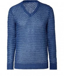 Luxe pullover in fine, royal blue linen - Lightweight, superbly woven material - Elegant, all-over knit motif - Slim, narrow silhouette - Contrast rib trim at neck, hem and cuffs - Long sleeves and V-neck - A chic, modern twist on a classic wardrobe staple - Easily dressed up or down, polished style is great for everyday - Pair with chinos, jeans or linen trousers