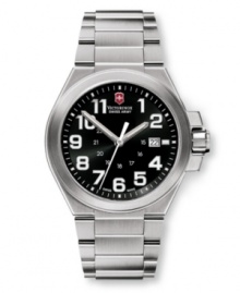 Vintage-inspired design speaks to the time-honored history of Victorinox Swiss Army. Convoy watch crafted of stainless steel bracelet and round case. Black dial features luminous numerals, minute track, military time, date window at three o'clock, luminous hands and logo at twelve o'clock. Swiss quartz movement. Water resistant to 100 meters. Three-year limited warranty.