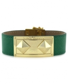 A green leather bracelet gets even bolder. This magnetic closure bracelet from Vince Camuto features an ID plate and pyramid studs crafted from gold-tone mixed metal to really make a name for itself. Approximate length: 8 inches.